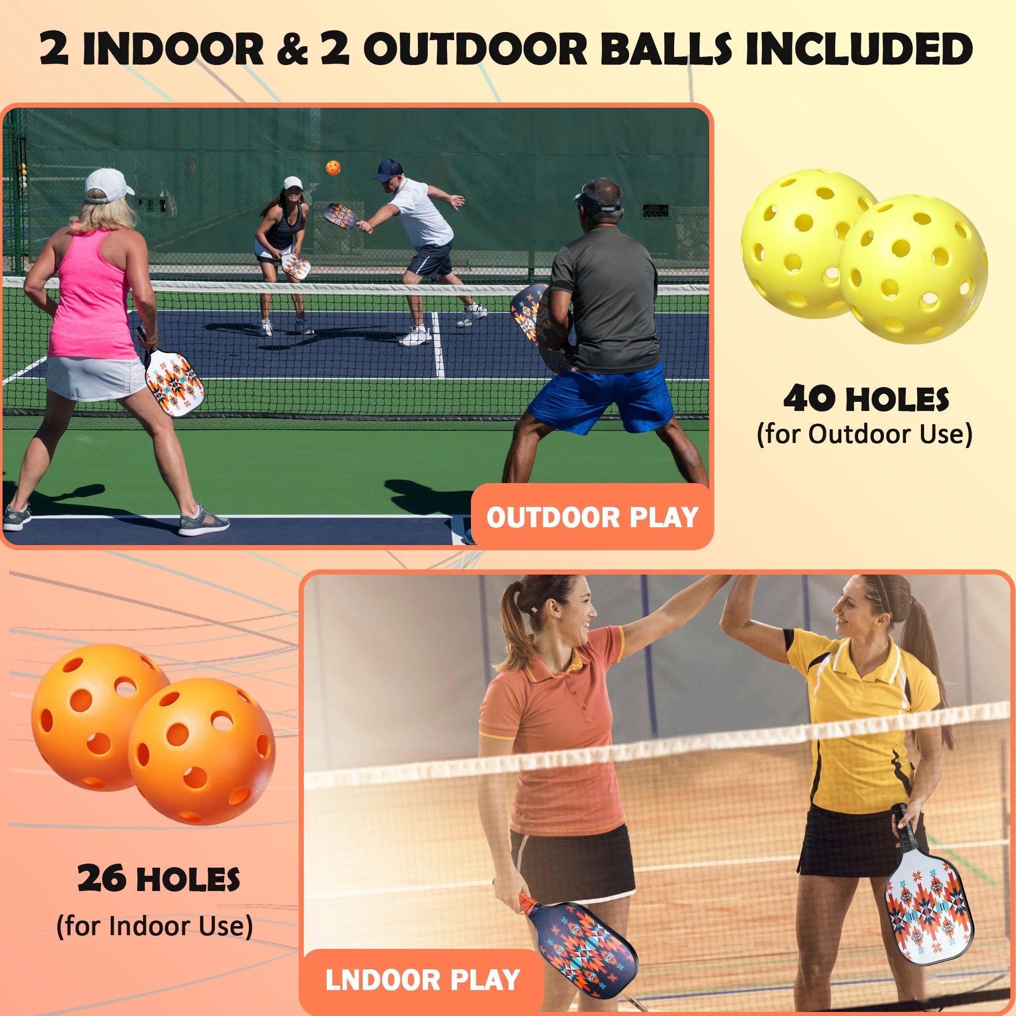 Luxmo Premium Pickleball Paddle Set - 2 Lightweight Paddles with Fiberglass Surface, Polypropylene Core, 4 Balls & Carry Bag Included!