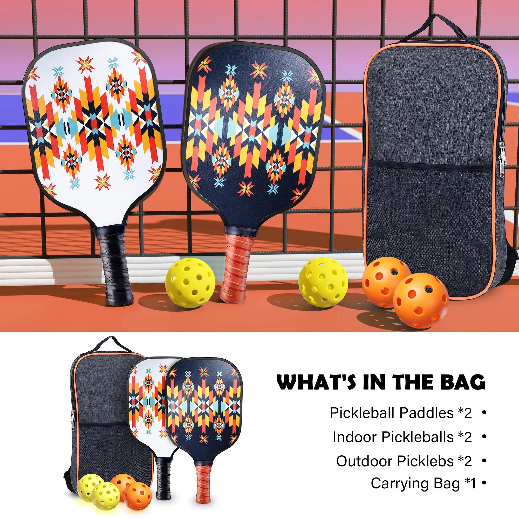 Luxmo Premium Pickleball Paddle Set - 2 Lightweight Paddles with Fiberglass Surface, Polypropylene Core, 4 Balls & Carry Bag Included!